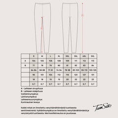 Naisten KLASSIKKO merinosilkkipitkisten mitat